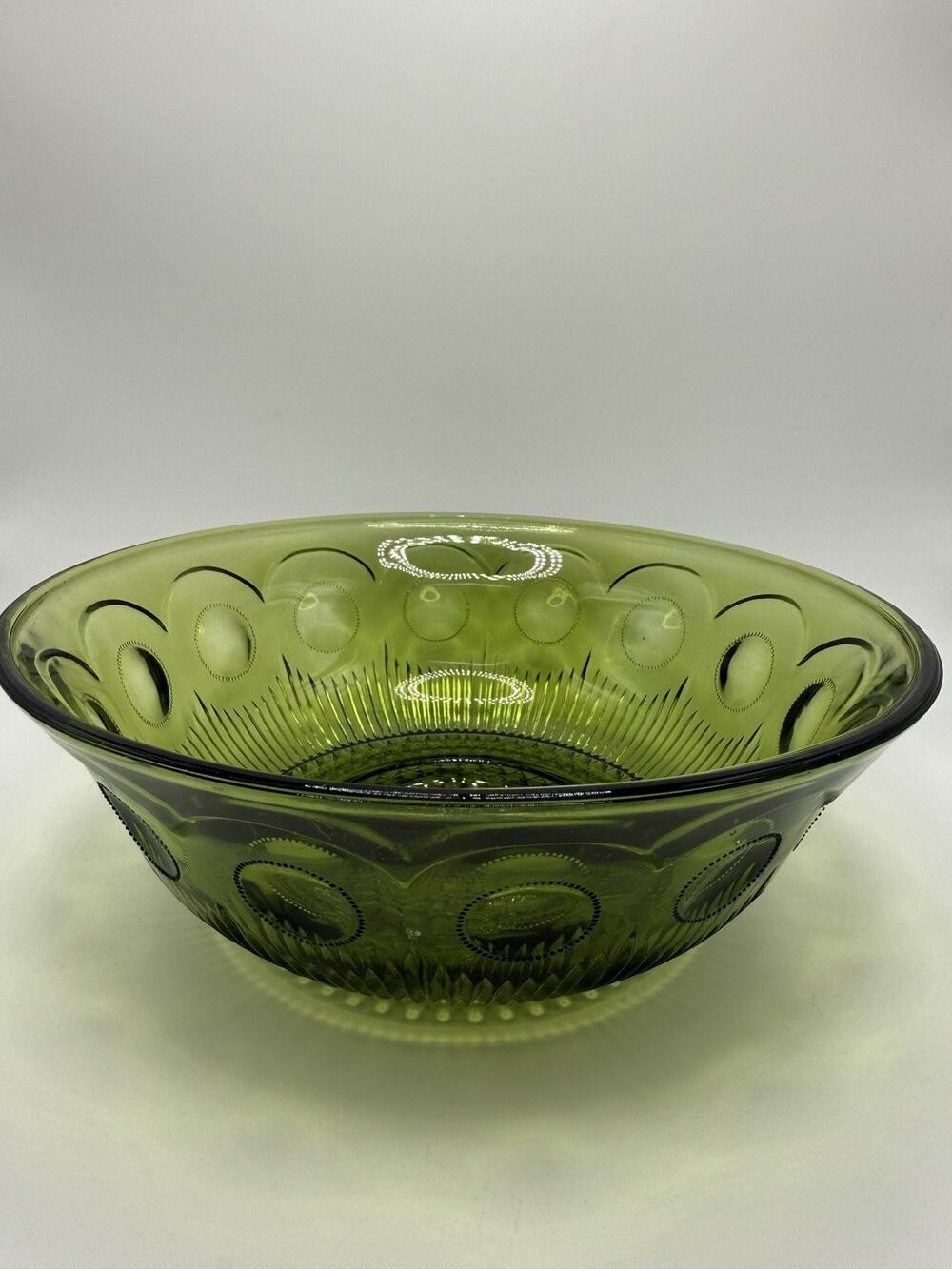 Vintage Bartlett Collins Avocado Green Glass Bullseye Cane Bowl 8.5”